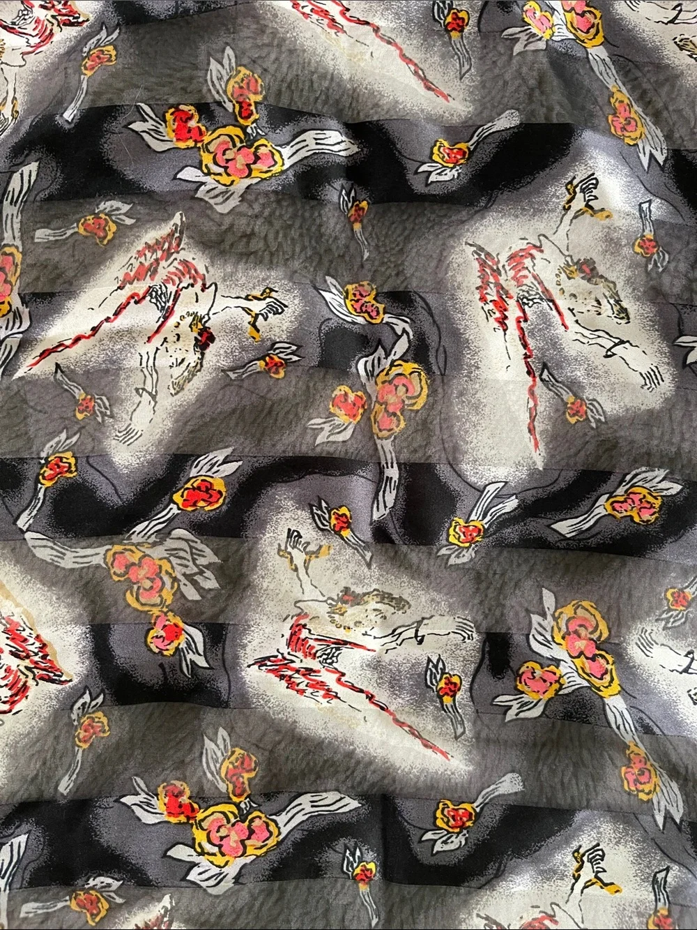 J. Garcia Gray Silk Print Scarf with Red Yellow Accents Women’s